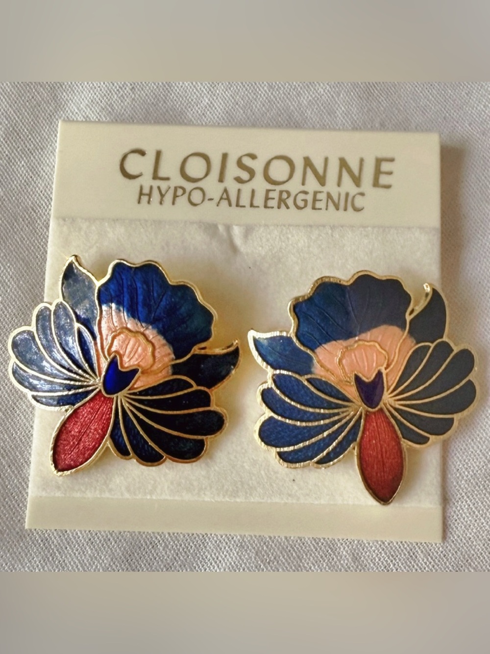 Vintage Cloisonné Lotus Flower Stud Earrings – Blue/Red/Gold – Hypoallergenic